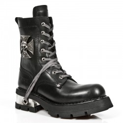Black Itali Leather New Rock Neo Biker Ankle Boots with Skull and Malta Cross