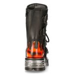 Black Itali Leather New Rock Metallic Boots with Fire Pulik Flames