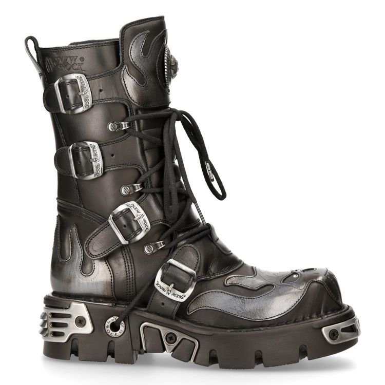 Black Itali Leather New Rock Metallic Boots with Grey Pulik Leather Flames