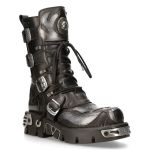 Black Itali Leather New Rock Metallic Boots with Grey Pulik Leather Flames