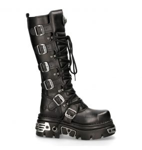 Black Leather New Rock Metallic Metal Toe High Boots