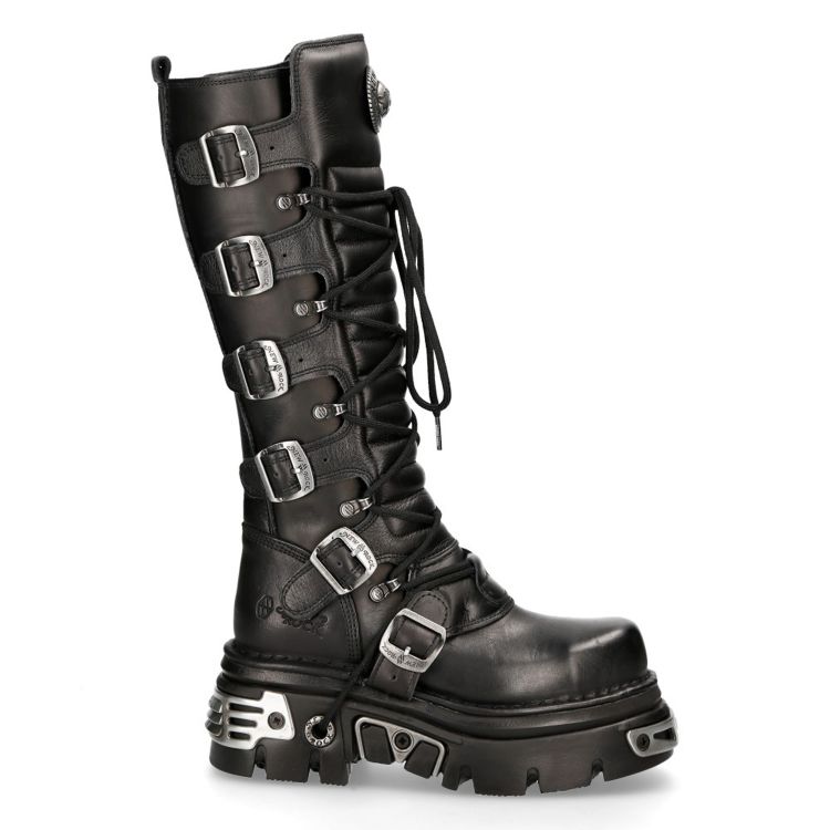 Black Leather New Rock Metallic Metal Toe High Boots