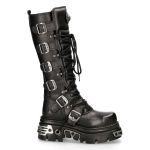Bottes Hautes Coquées New Rock Metallic en Cuir Noir