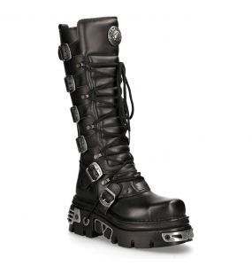 Black Leather New Rock Metallic Metal Toe High Boots