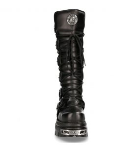 Bottes Hautes Coquées New Rock Metallic en Cuir Noir