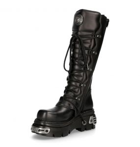 Bottes Hautes Coquées New Rock Metallic en Cuir Noir
