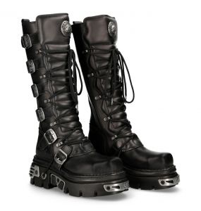 Bottes Hautes Coquées New Rock Metallic en Cuir Noir