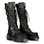 Bottes Hautes Coquées New Rock Metallic en Cuir Noir