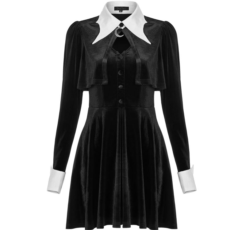 Punk Rave Gothic Women's Black Pleated High Waisted Mini Dress with V Neck and Buckle Belt Straps