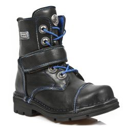 Black Itali Leather New Rock Kid Ankle Boots with Blue Seams