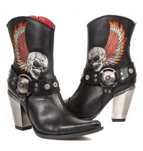 Black Itali Leather New Rock Bull Ankle Boots with Embroidery