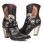 Black Itali Leather New Rock Bull Ankle Boots with Embroidery
