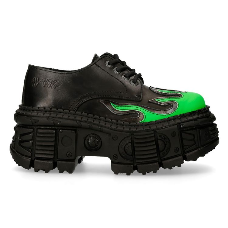 Chaussures Plateformes New Rock Tank en Cuir Noir et Vert Fluo