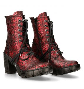 Metal Red Vintage Flowers Vegan Leather New Rock Trail Ankle Boots