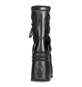 Black Leather New Rock Metallic Platform Boots