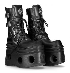 Black Leather New Rock Metallic Platform Boots
