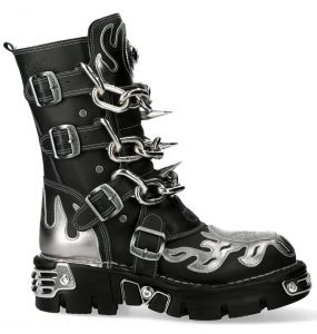 New Rock Metallic Boots in Black and Gray Leather with Chains
