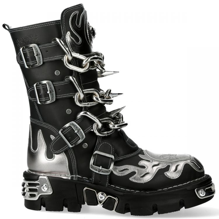 Bottes New Rock Metallic en Cuir Noir et Gris avec Chaînes