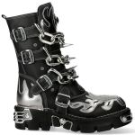 New Rock Metallic Boots in Black and Gray Leather with Chains