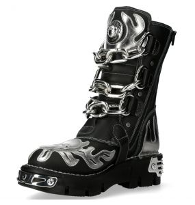 Bottes New Rock Metallic en Cuir Noir et Gris avec Chaînes