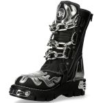 New Rock Metallic Boots in Black and Gray Leather with Chains