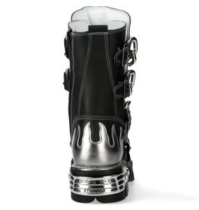 Bottes New Rock Metallic en Cuir Noir et Gris avec Chaînes