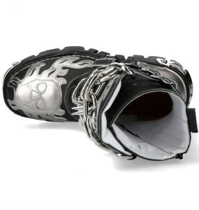 Bottes New Rock Metallic en Cuir Noir et Gris avec Chaînes