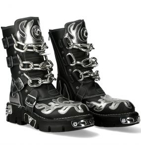 Bottes New Rock Metallic en Cuir Noir et Gris avec Chaînes