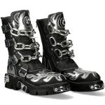 New Rock Metallic Boots in Black and Gray Leather with Chains