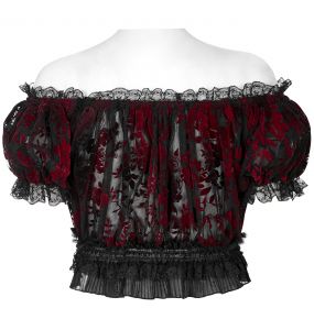 Crop Top 'Sexy Flocking Mesh' Noir et Rouge
