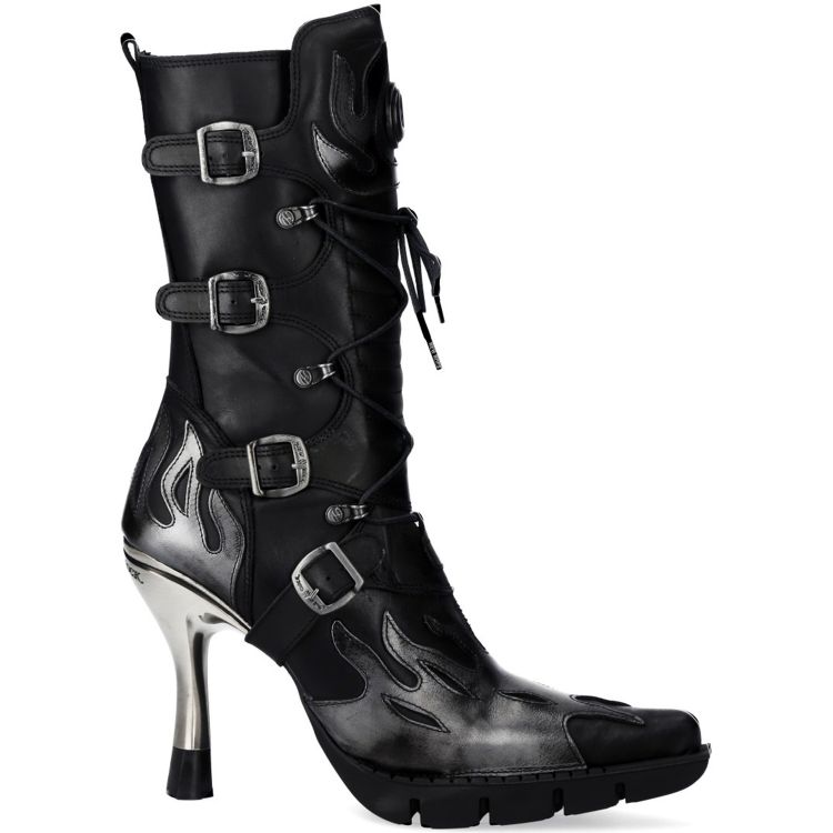Bottes New Rock Malicia en Cuir Pulik Acier et Itali Noir
