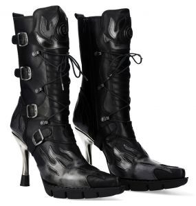 Bottes New Rock Malicia en Cuir Pulik Acier et Itali Noir