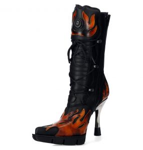 Bottes New Rock Malicia en Cuir Pulik Feu et Itali Noir