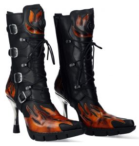 Bottes New Rock Malicia en Cuir Pulik Feu et Itali Noir