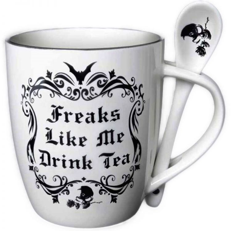 Ensemble Mug et Cuillère 'Freaks Like Me Drink Tea' en Porcelaine