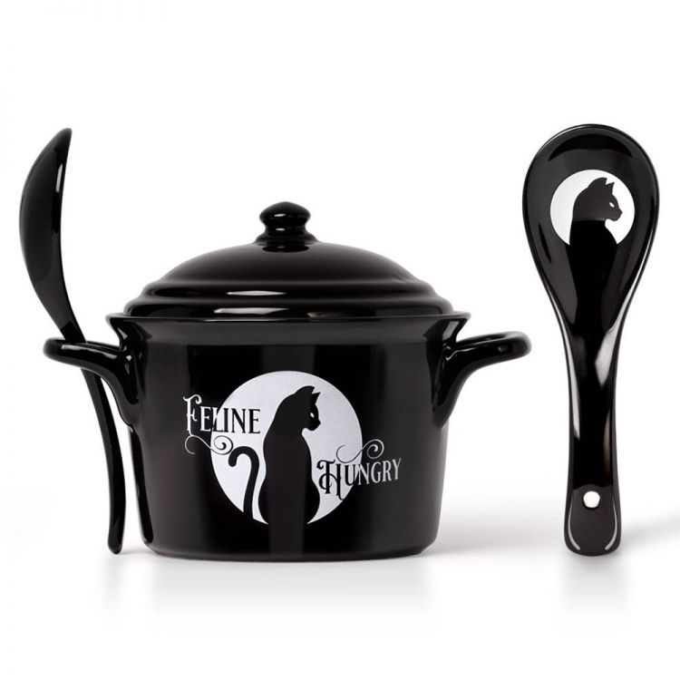 Ensemble Bol et Cuillère 'Feline Hungry' en Porcelaine Noire