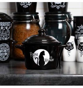 Ensemble Bol et Cuillère 'Feline Hungry' en Porcelaine Noire