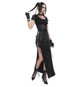 Longue Jupe Fendue 'Midnight Bloom' Noire