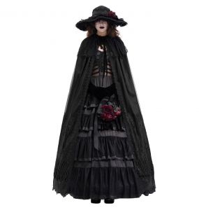 Longue Cape à Capuche 'Darkness' en Dentelle Noire