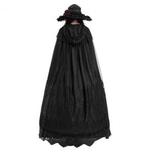 Longue Cape à Capuche 'Darkness' en Dentelle Noire