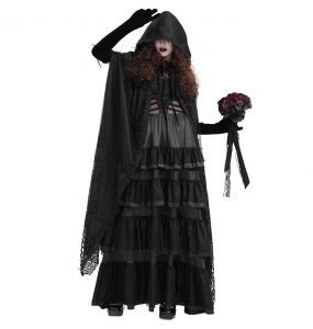 Longue Cape à Capuche 'Darkness' en Dentelle Noire