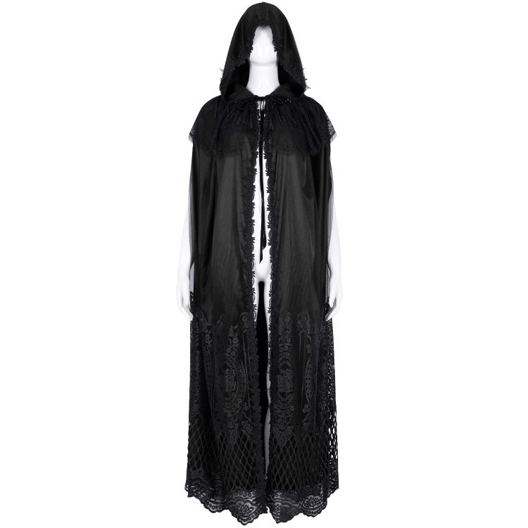 Longue Cape à Capuche 'Darkness' en Dentelle Noire