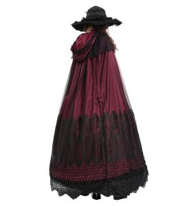 Longue Cape à Capuche 'Glamour' en Dentelle Bordeaux