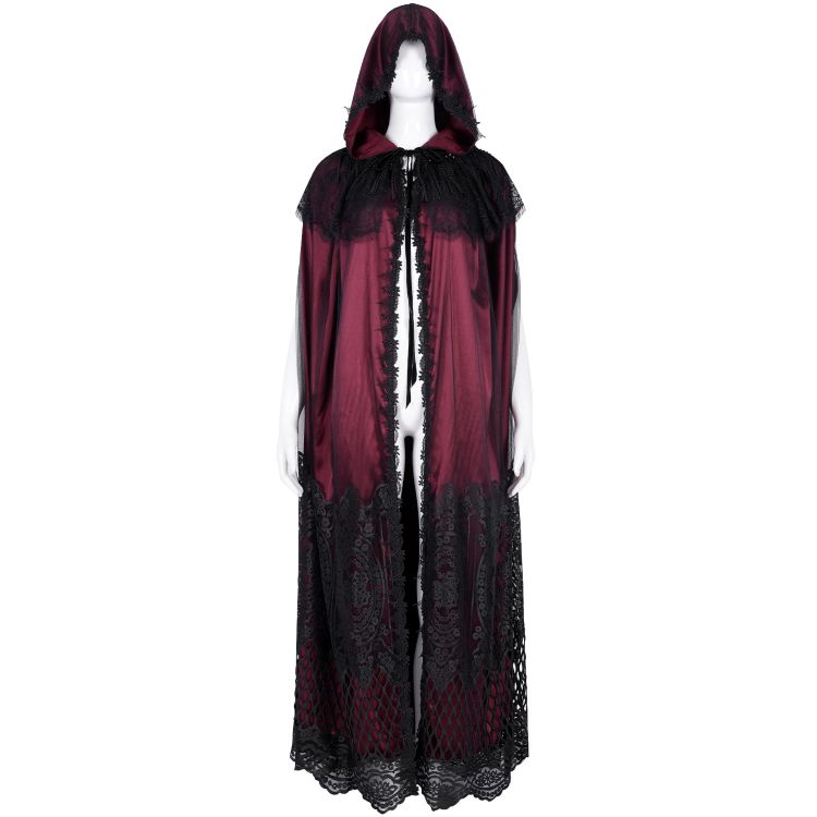 Longue Cape à Capuche 'Glamour' en Dentelle Bordeaux