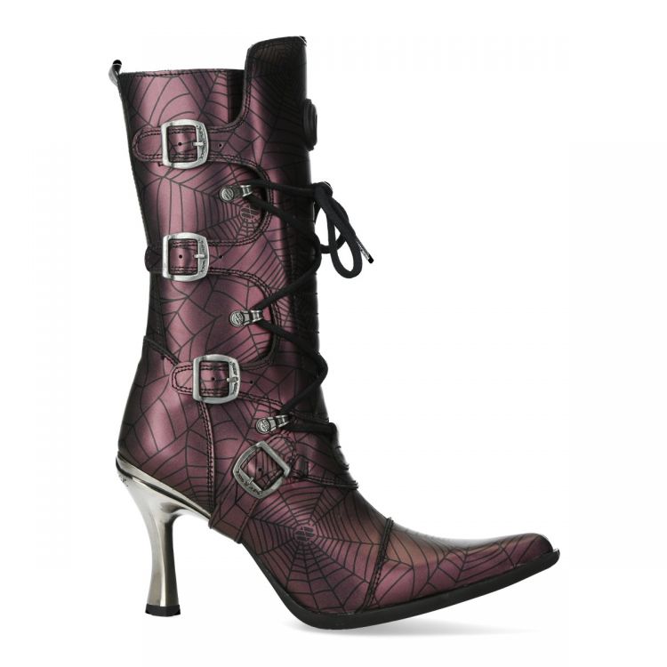 Bottes New Rock Malicia en Cuir Lilas Motif Araignée