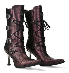 New Rock Malicia Boots in Lilac Leather with Spider Pattern