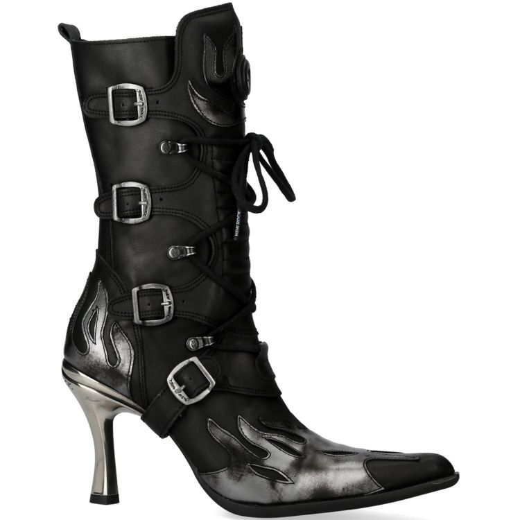 New Rock Malicia Boots in Black Itali and Steel Antik Leather