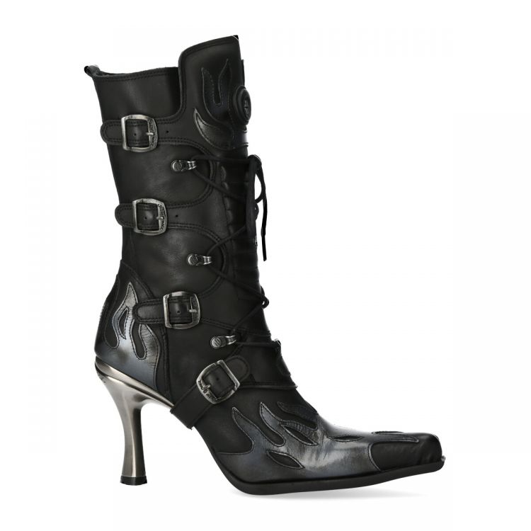 New Rock Malicia Boots in Black Itali and Gray Antik Leather