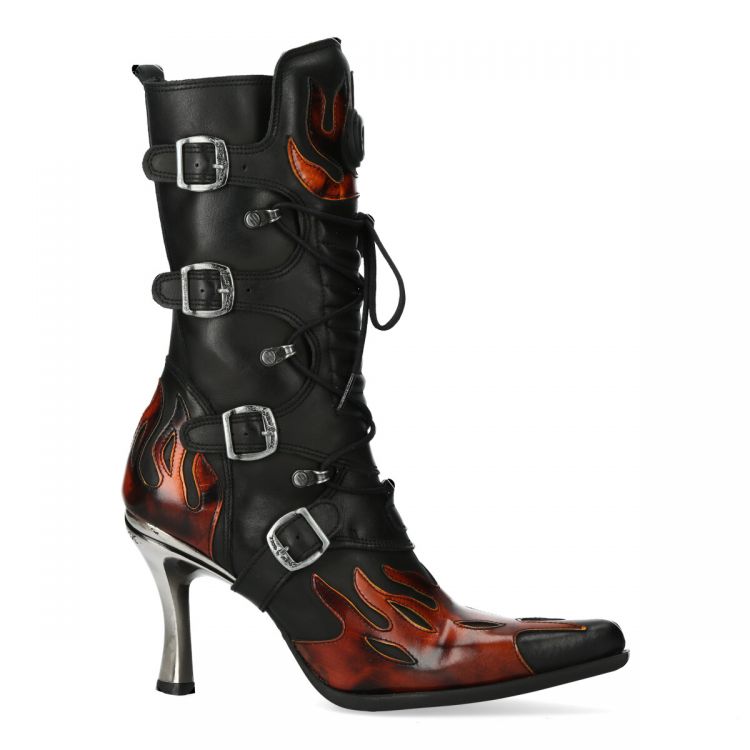 New Rock Malicia Boots in Black Itali and Fire Pulik Leather