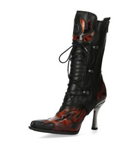 New Rock Malicia Boots in Black Itali and Fire Pulik Leather
